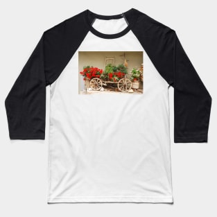 Red Geraniums on Antique Wooden Cart 1 Baseball T-Shirt